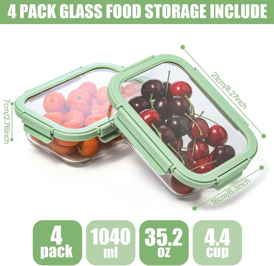 4 Pack Borosilicate Glass Meal Prep Containers, Glass Food Storage Containers with Tempered lids, 35.2oz/4.4 Cup Airtight Leak-Proof Glass Lunch Containers for Microwave Freezer Safe (Green)