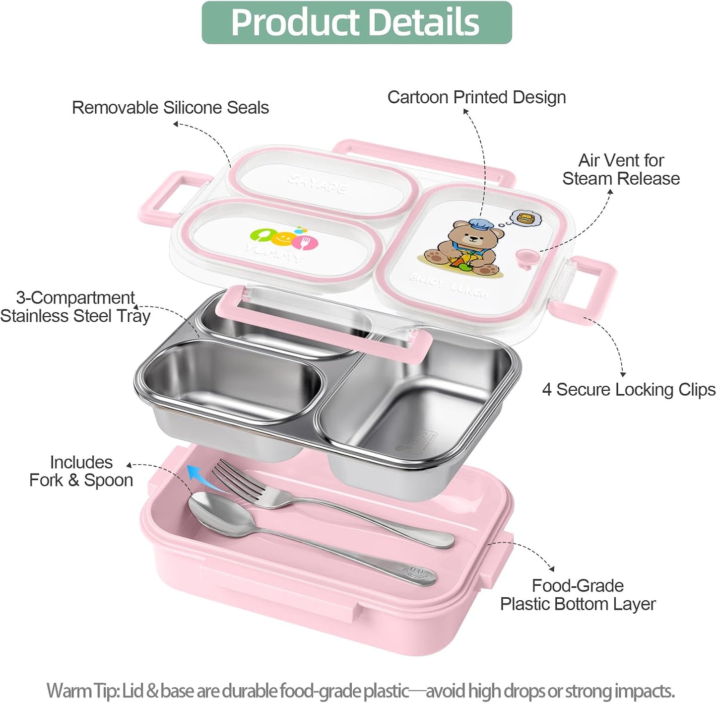 Stainless Steel Bento Lunch Box for Kids, 26.4 oz Leak-Proof 3-Compartment Metal Bento Box, BPA-Free, Cute Cartoon Meal Prep Snack Container with Utensils for School, Office, Travel - Pink