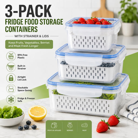 3-Pack Produce Keeper Containers with Strainers & Lids, Fruit and Vegetable Storage Containers for Fridge, Refrigerator Storage Bins for Berries, Meat & Produce, Fresh Food Organization