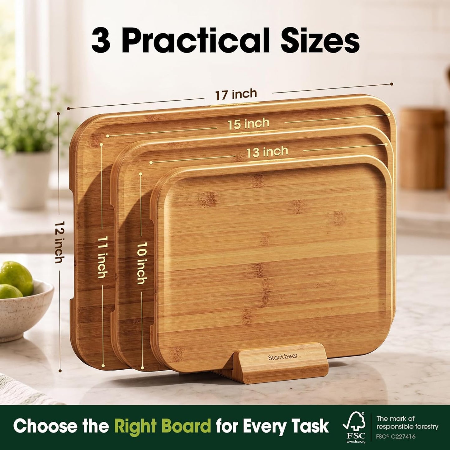 Starkbear Acacia Wood Cutting Board Set of 3 with Stand, Core-Cut Non Slip Wooden Chopping Block, Sloped Juice Groove Reversible Charcuterie Serving Tray for Modern Kitchen Gift