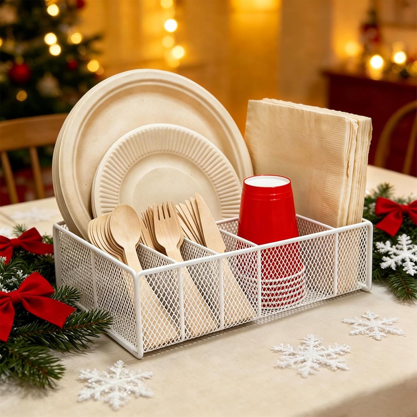 Paper Plate Organizer for Countertop - Metal Utensil Caddy Silverware Holder Cutlery Flatware Plastic Spoon Fork Plates Napkins Cup Storage Dispenser Party Picnic Essentials Camping Supplies