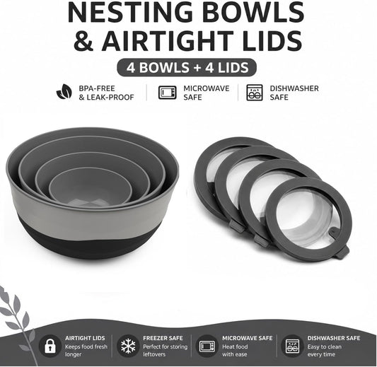 Pera Mixing Bowls with Lids, 8-Piece Airtight Leak-Proof Nesting BPA-Free Bowl Set for Kitchen & Food Storage, Large 4200ml Capacity, Microwave & Dishwasher Safe