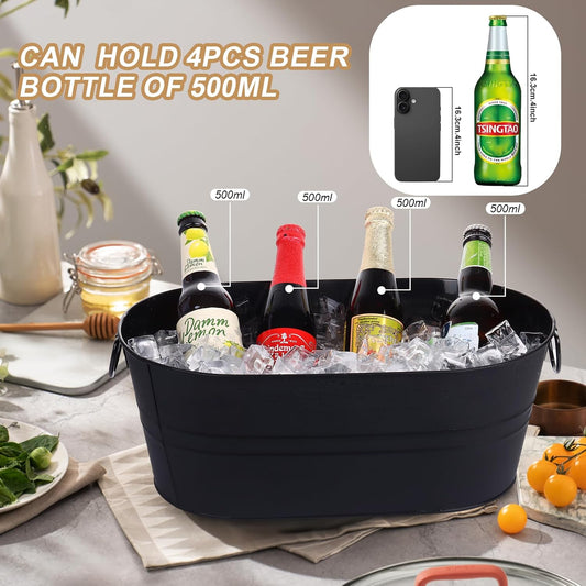 Galvanized Tub Beverage Tubs, 2pcs Metal Ice Buckets for Cocktail Bar 3 Gallon Wine Beer Drink Buckets with Handles Large Tub Cooler Mimosa Bar Supplies Ice Bucket for Parties 15x9.6x6inch (Black)