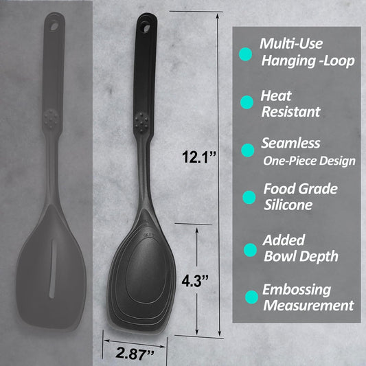 Large Silicone Cooking Spoon, Deep bowl & Measurement Mark, Solid, Black