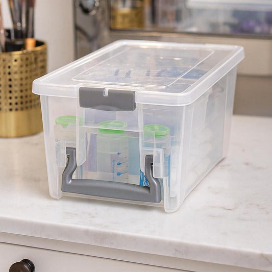 Best Kept Semi Satchel with Removable Dividers, Stackable Home Storage Organization Container, Clear with Sliver Latches and Handle