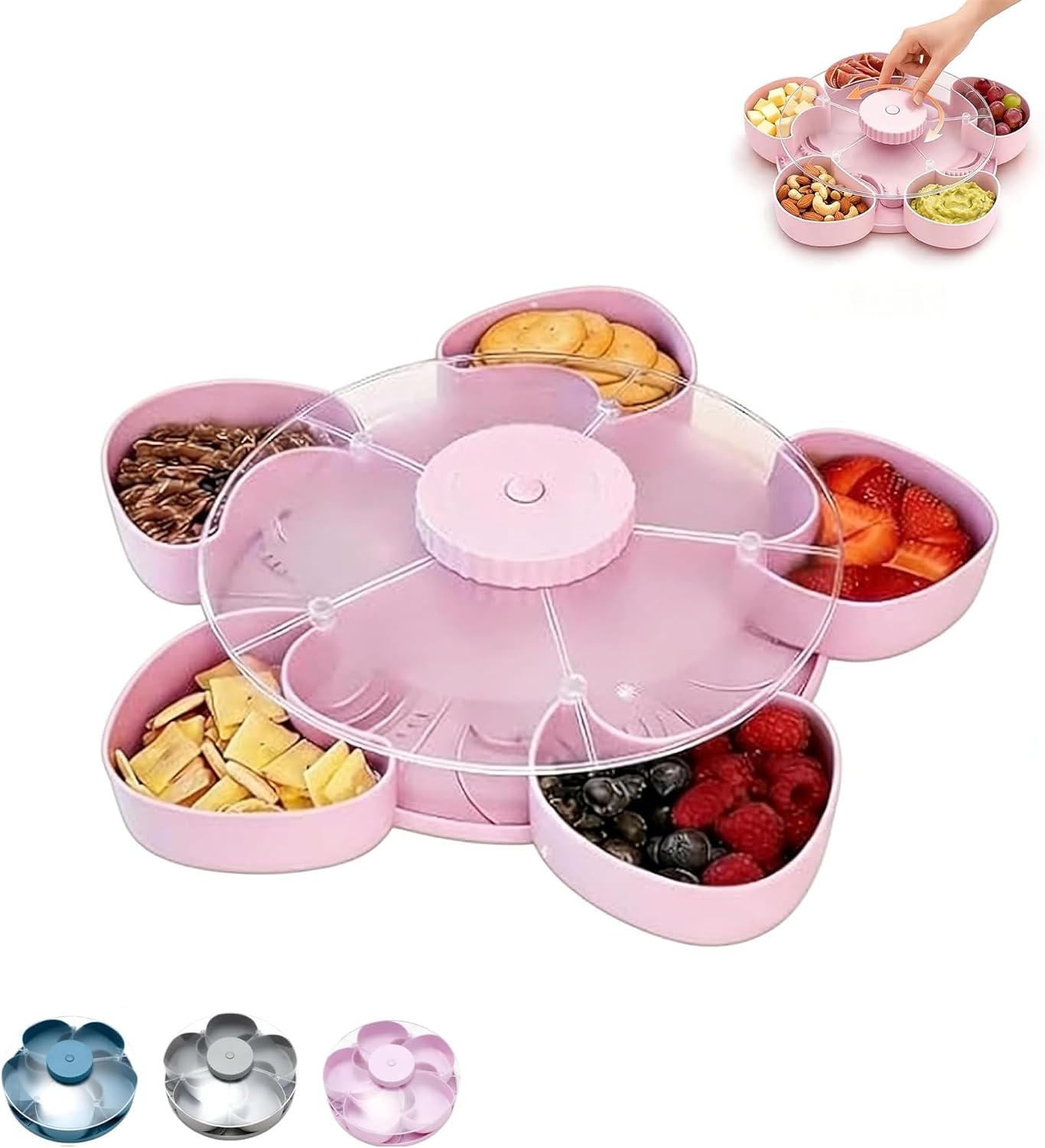 Divided Rotating Snack Tray with Lid, 5 Section Snack Serving Container for Party, Movie Night, Picnic & Travel, Fruit and Veggie Tray Organizer with Spin Design (Gray)