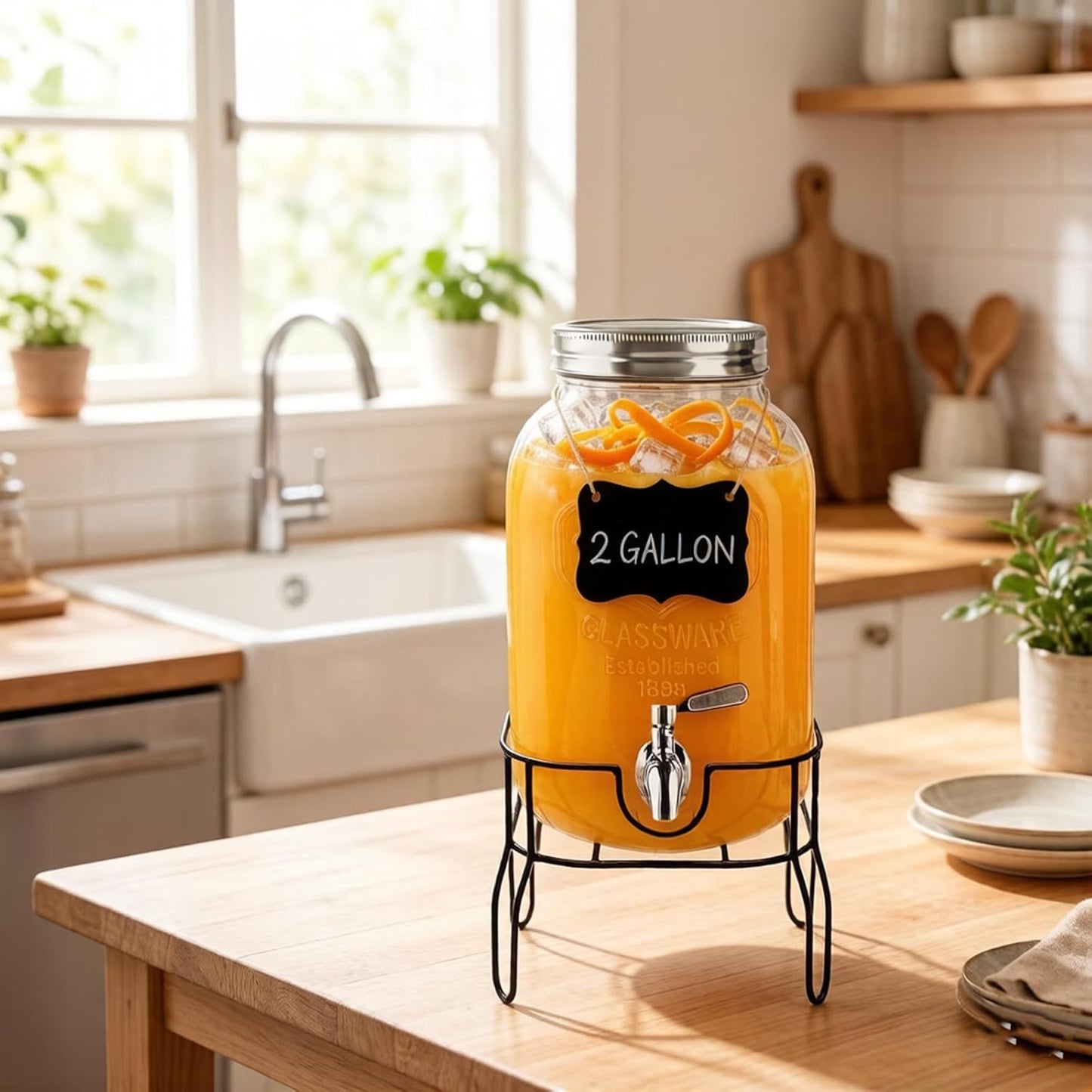 2 Gallon Glass Beverage/Drink Dispenser with Stand, Lid & Ice Core | Leakproof 18/8 Stainless Steel Spigot | Mason Jar Style for Party, Iced Tea, Outdoor & Home