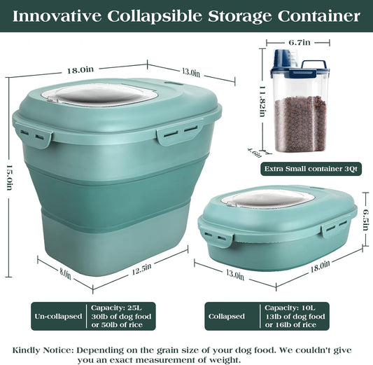 TIOVERY Dog Food Storage Container, Airtight Collapsible 13lb to 30lb Pet Food Container with Flip Top, Rolling Wheel, Scoop and 3L small container for Dog Cat Food and Dry Food of Rice, Flour