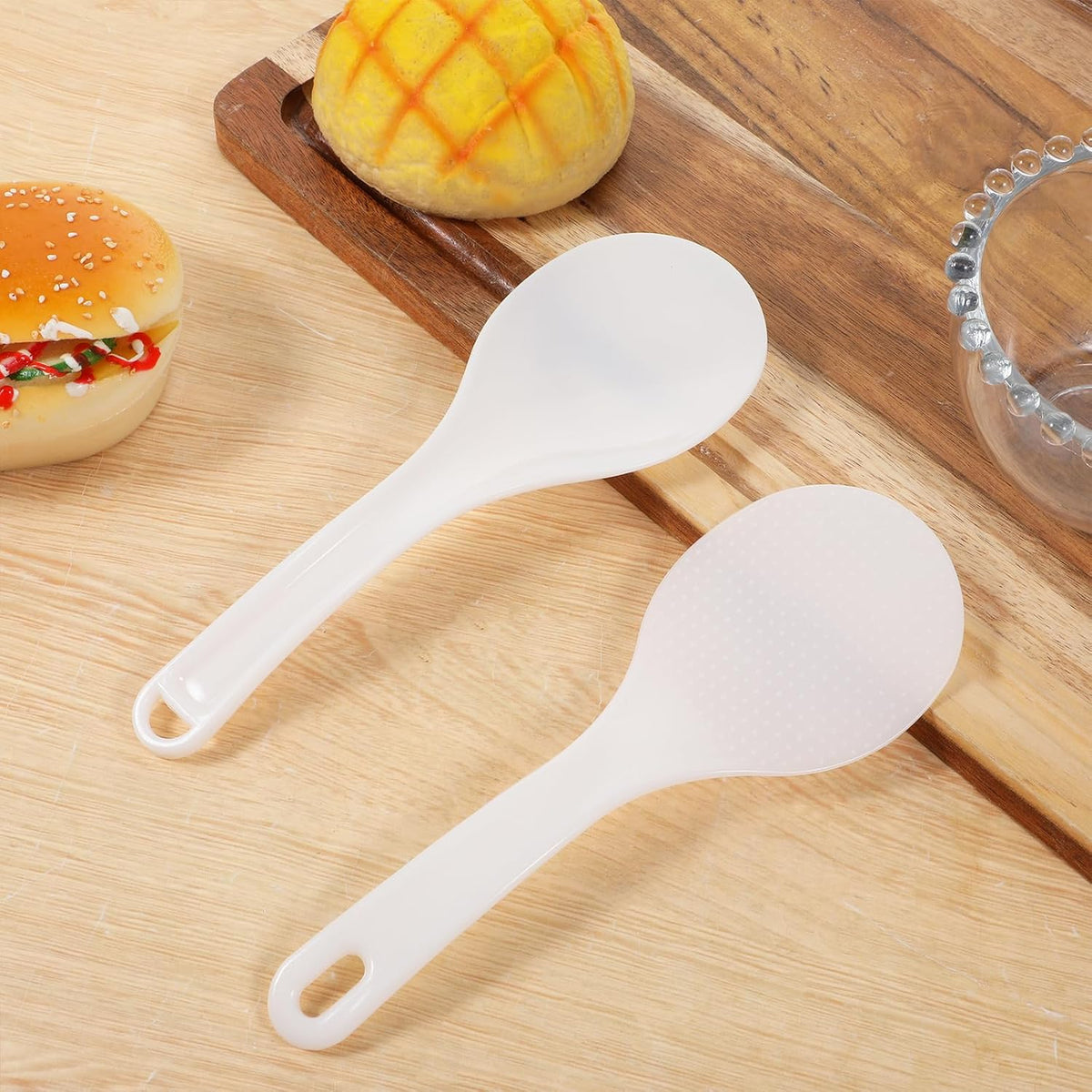 2 PCS Rice Spoon, White Non Stick Hanging Rice Spatula 2 Styles Heat Resistant Rice Cooker Spatula Plastic Rice Spoon Paddle Kitchen Cooking Utensil Set for Kitchen, Restaurant, And Home Cooking