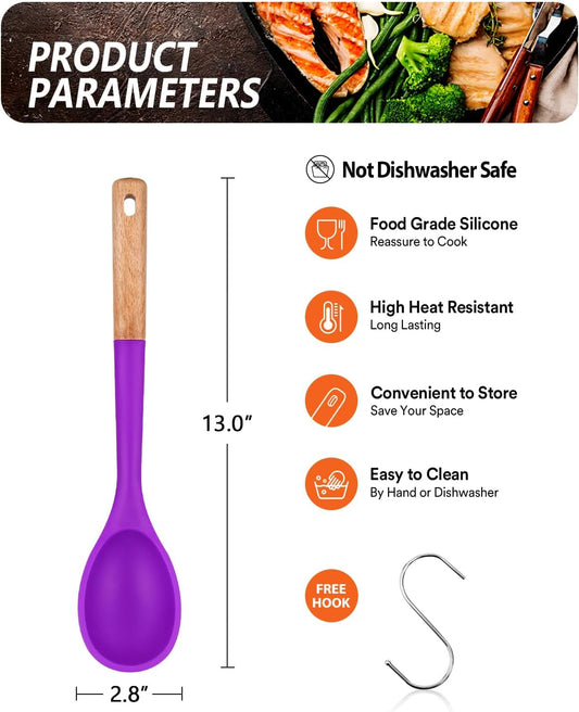 Large Silicone Cooking Spoons, Nonstick Solid Wooden Handle Spoon, Heat Resistan Silicone Kitchen Spoons for Cooking, Serving, Basting, Mixing, 13.2inch (Grey)