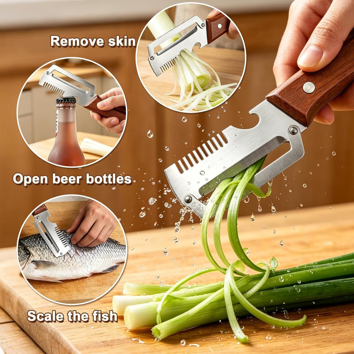 3-in-1 Vegetable Peeler with Wooden Handle – Stainless Steel Swivel Peeler, Julienne Shredder & Bottle Opener – Heavy Duty Kitchen Tool for Potatoes, Carrots, Zucchini, Cucumber(2PCS)
