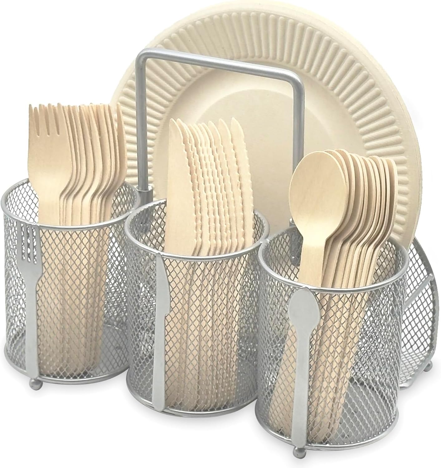 DysanVica Utensil Caddy Silverware Holder - 4 Compartment Metal Mesh Cutlery Fork Spoon Napkin Plate Organizer Flatware Storage Basket Party Kitchen Countertop Buffet Picnic Camping Outdoor BBQ Black