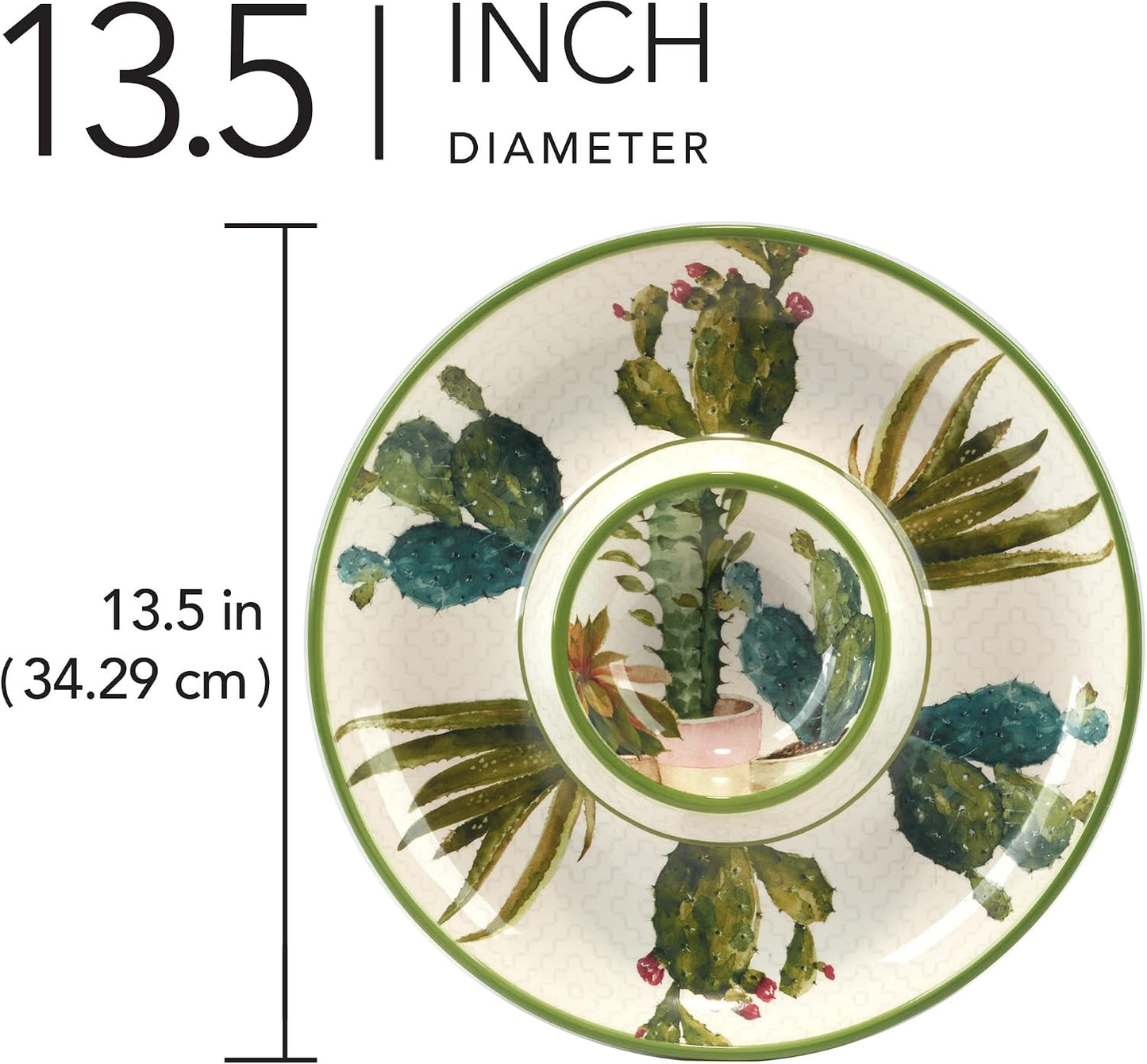 Cactus Verde 13.75" Round Chip and Dip Platter – Durable Ceramic Chip & Salsa Server with Southwestern Cactus Art – Perfect for Outdoor Parties, BBQs, Appetizers, and Entertaining