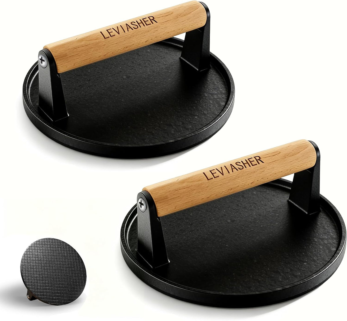 2.1lb Steak Weight & Burger Press, Grid Base, 7"X4" Rectangle Heavy Duty Cast Iron Grill Press with Wood Handle for Blackstone, Chef, Camp, Panini, Vegetable, Bacon, Sandwich, BBQ