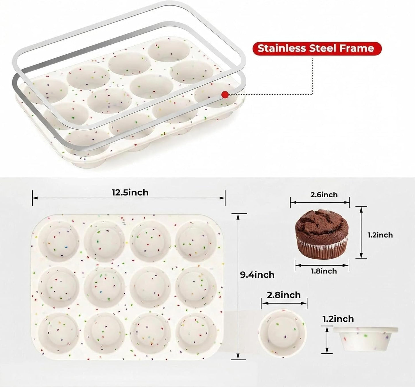 Silicone Muffin Pan for Baking: 12 Cup Muffin Pan with Metal Reinforced Frame, Regular Size Cupcake Egg Bites Molds for Baking, BPA Free Silicone Muffin Tray, Dishwasher Safe (1 Pack, Red)
