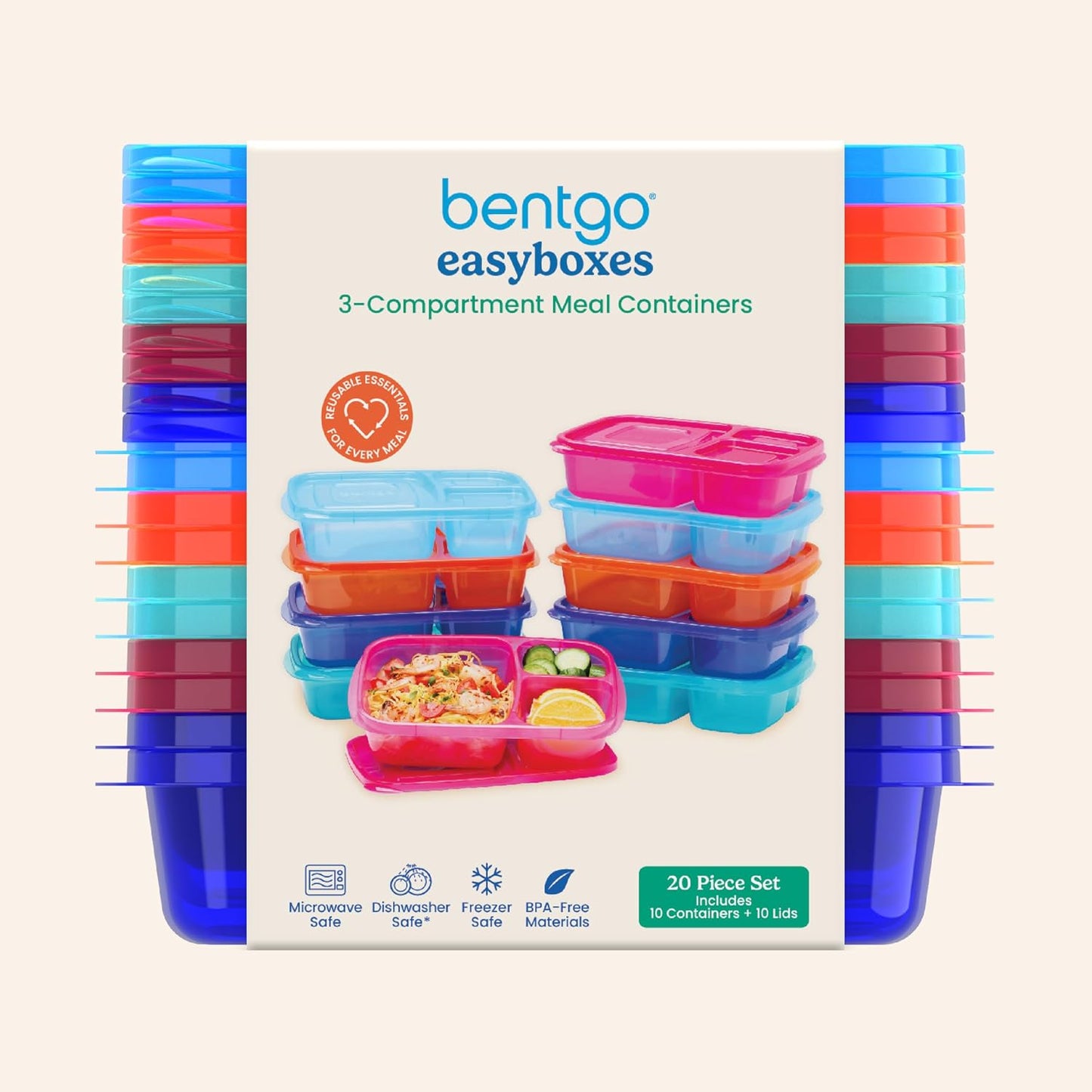 Bentgo Easyboxes - Original Stackable Lunch Boxes - Reusable 3-Compartment Food Containers for Kids and Adults - Bento Lunch Box for Meal Prep, School, & Work - BPA Free, Set of 10 (Classic)
