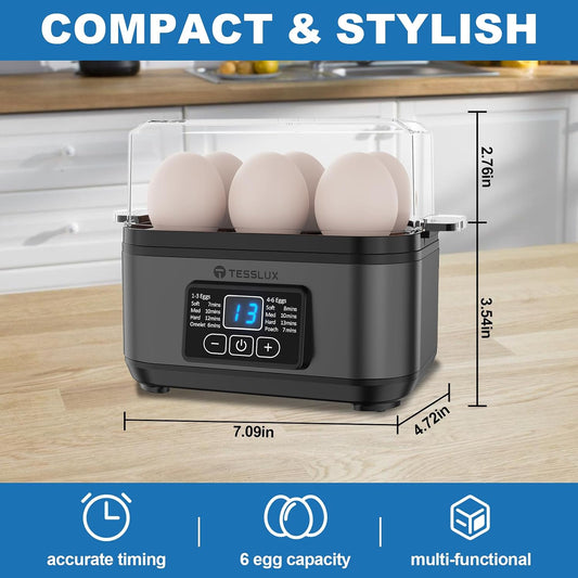 Tesslux Electric Egg Cooker, 6-Egg Boiler for Hard, Soft, Poached, Black