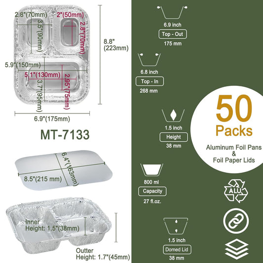 3 Compartment Aluminum Foil Takeout Trays with Paper Lids, 50 Pack – Disposable Divided Meal Prep Containers for Full Meals, Portion Control & Takeout, 820ml / 28oz, 8” × 6” × 1.5”