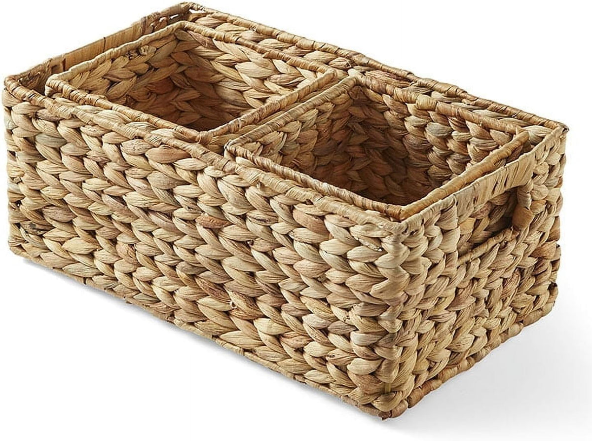 3-Piece Woven Water Hyacinth Storage Basket Set – Large Rectangular 16.1" x 6.7" x 5.9", 2 Small Square 5.9" x 5.9" x 4.7", for Pantry or Shelf