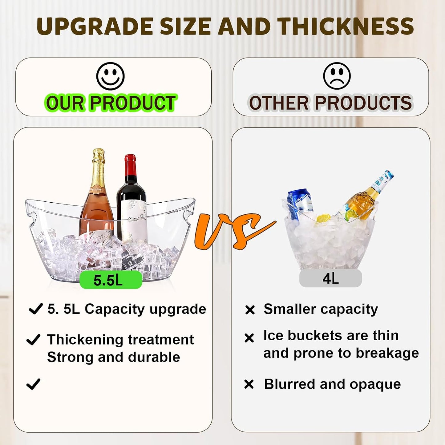 Ice Bucket 2 PCS, Ice Buckets for Parties, Clear Acrylic Beverage Tub, Mimosa Bar Supplies Drink Bucket for Wine, Champagne, Beer, 5.5L Large Ice Bucket (16.5x7.3x6.8 in)