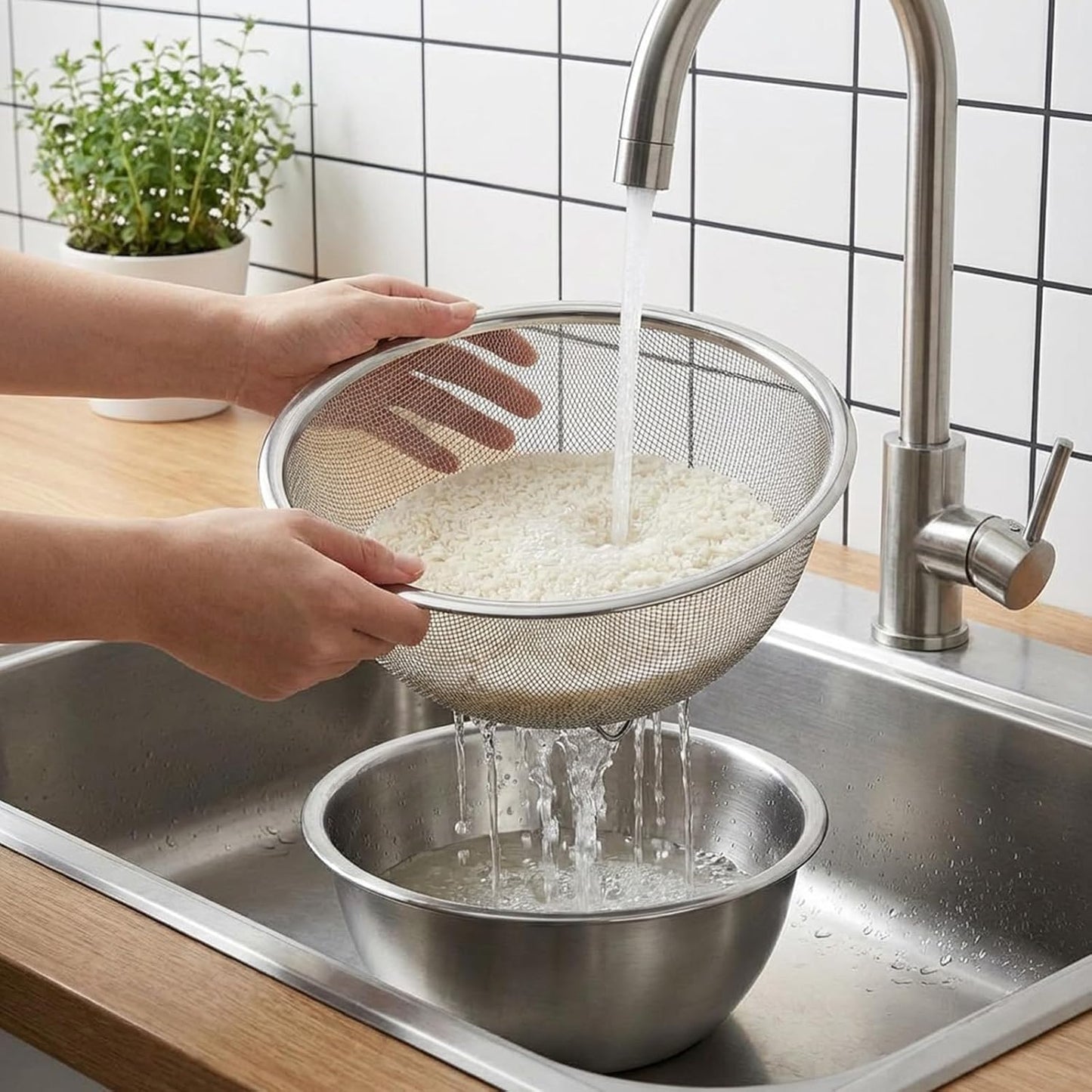 Stainless Steel Rice Washing Sieve Strainer Fine 7inch Washing Bowl Sieve Sifters Kitchen Mesh Net Basket Drainer for Pasta, Rice, Fruit,Vegetable,1PC