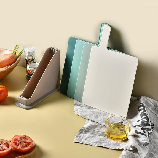 Plastic Cutting Boards for Kitchen, 4-Pieces Cutting Board With Food Icons And Storage Stand, Easy Grip Handle, Professional Chopping Board Set for Meat, Veggies, Fruits(12.9"X 9.4" X 3.1")