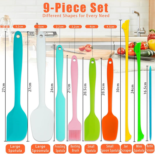 Silicone Spatula Set 9 Piece with Stainless Steel Core, Heat Resistant to 600°F, One-Piece Design, Non-Scratch Flexible Cooking Utensil Set for Non-Stick Cookware, Dishwasher Safe (Rainbow Colors)