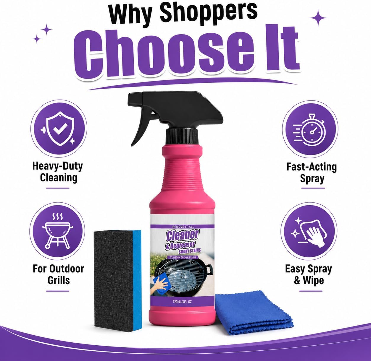 Heavy Duty Grill Cleaner Spray, BBQ Grill Degreaser and Grease Remover for Outdoor Grills, Fast Acting Formula for Grates, Smokers, Drip Pans, Stainless Steel and Porcelain Enamel (1)