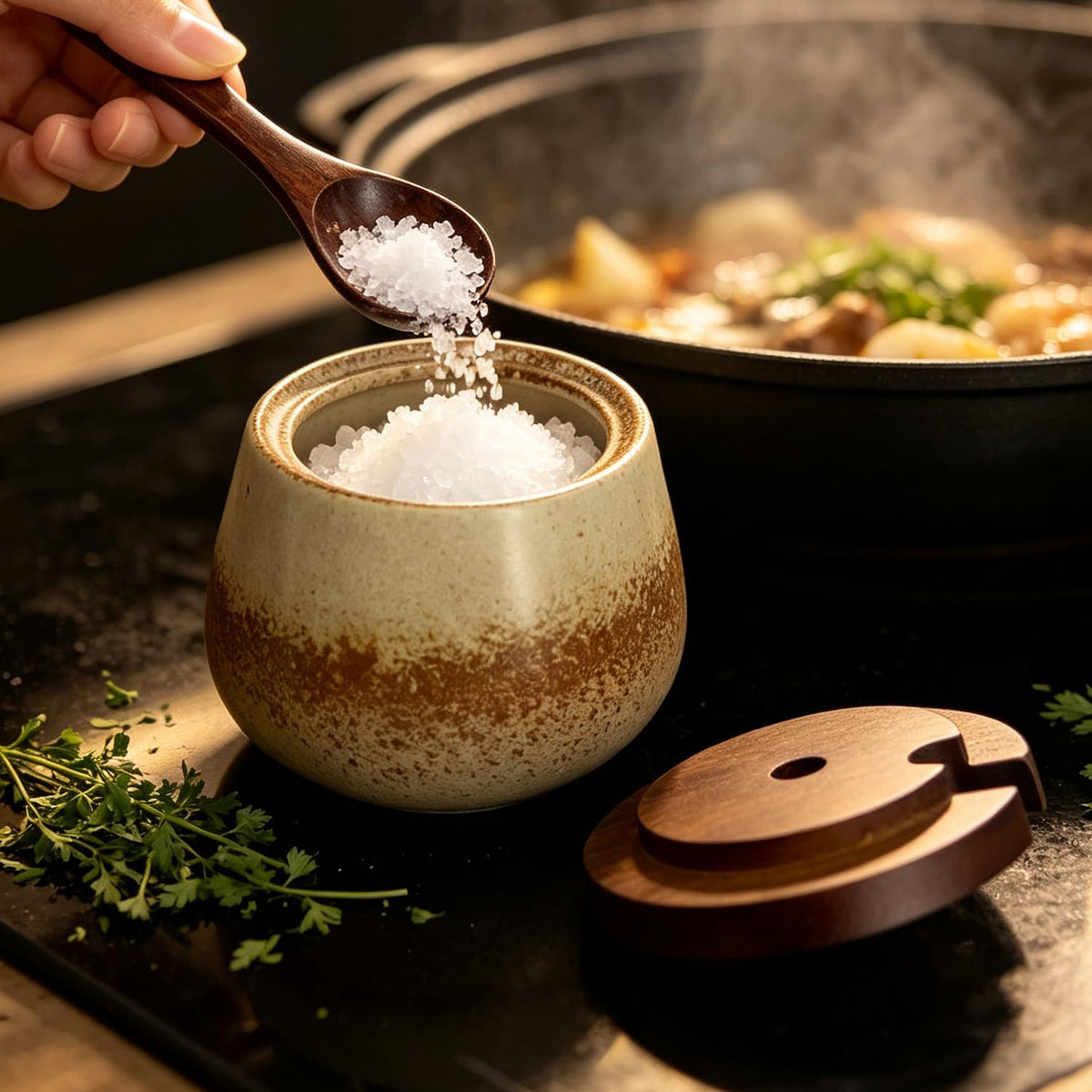 Ceramic Salt Cellar Bamboo Lid Spoon 3.5" Wide 12oz