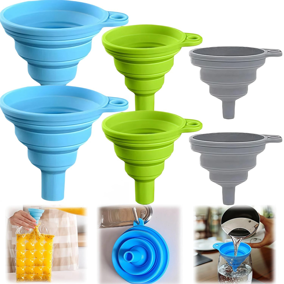 3 Size Kitchen Funnel Set, 2026 Upgraded Funnels for Kitchen Use Filling Bottles, Food Grade Silicone Collapsible Funnels for Filling Small Bottle Kitchen Gadgets
