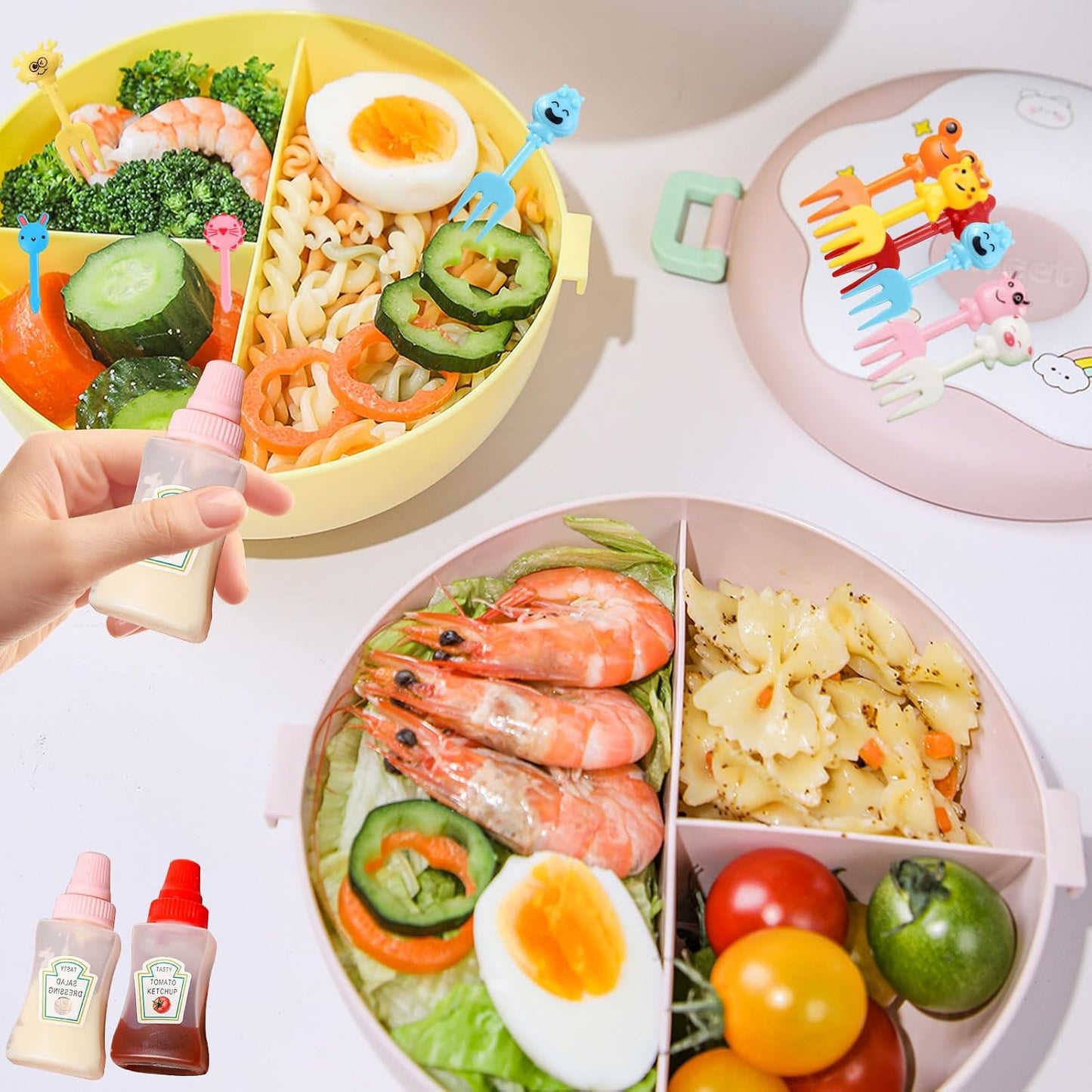 174 Pcs Bento Box accessories Condiment Squeeze Bottles Kids Lunch Accessories Reusable Sauce Containers Mini Ketchup Bottle And Animal Fruit Food Toothpicks for Camping Office Accessories