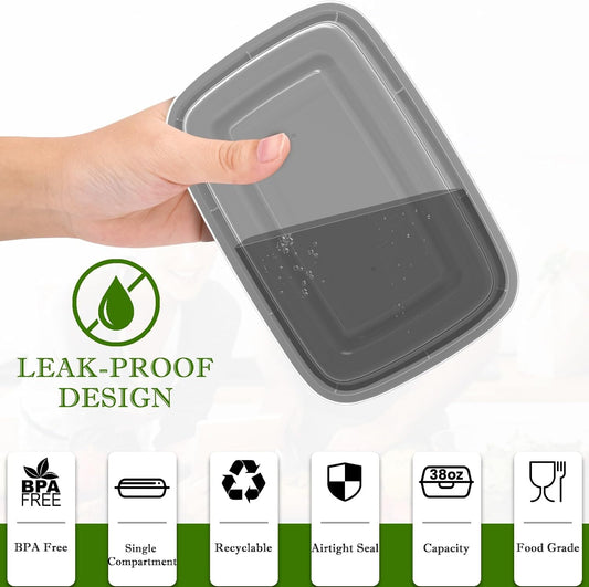 RANLITTLE Meal Prep Containers 50 Pack 38oz Reusable, Leakproof Food Storage Containers with Lids, BPA-Free Plastic To Go Take Out Bento Box Stackable Microwave & Freezer Safe
