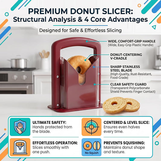 Slicer and Cutter with Safety Shield - Serrated Blade Cuts Bagels, Muffins, Buns and Rolls - Dishwasher Safe Bagel Guillotine, 9.25 Inches Tall, White (red)