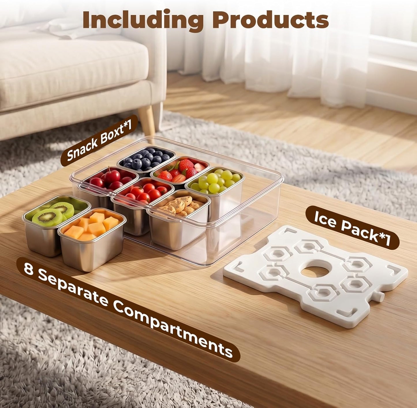 Homelove Snackle Box Container with ice-pack, Snack Container Divided Serving Tray with 8-Compartment Snack Platter, Lid and Handle, Food Organizer for Outdoor Travel Party Beach Picnic