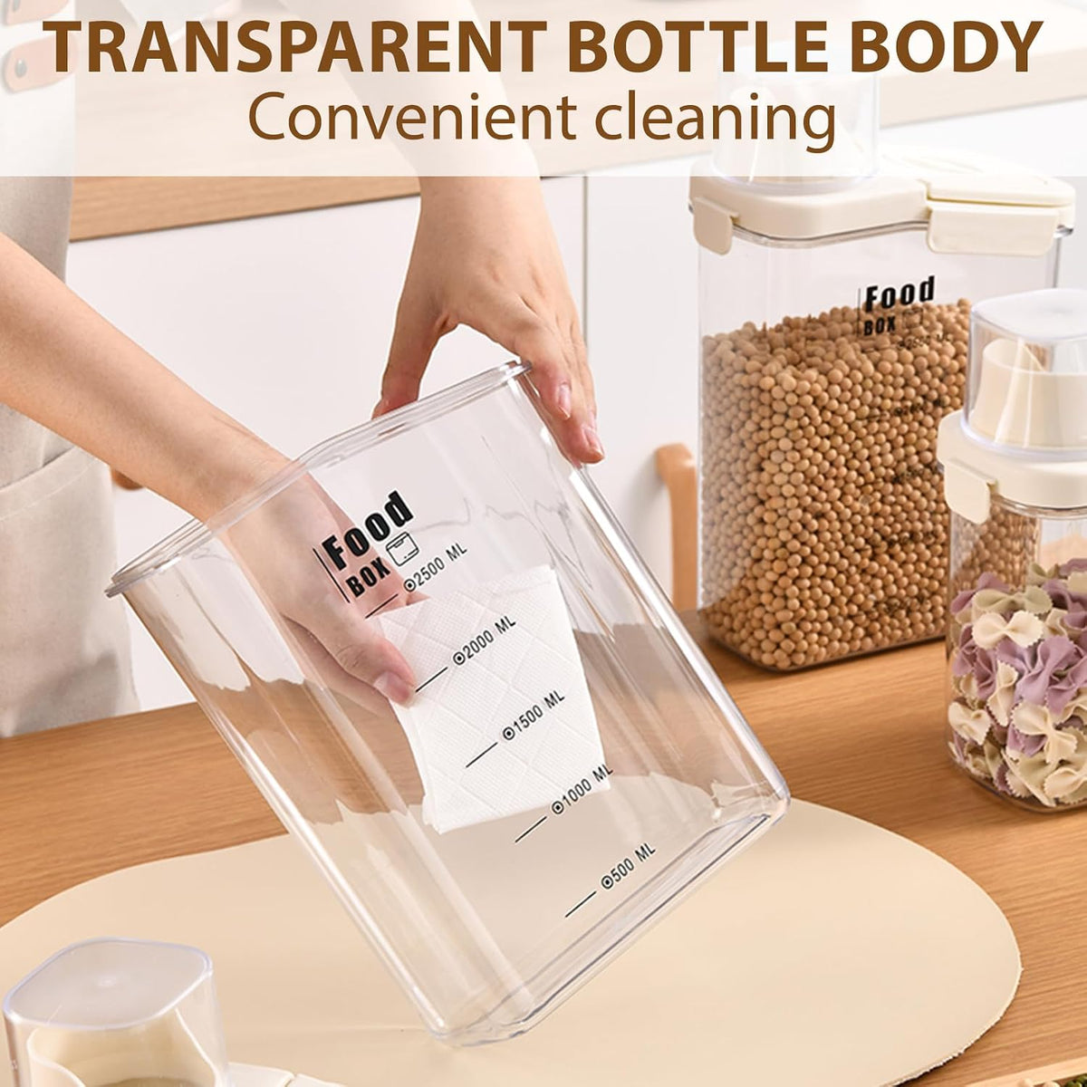 2800ml sealed food storage container with dumping outlet and handle, 2 transparent plastic kitchen grain distributors, suitable for grains, snacks, beans and flour.