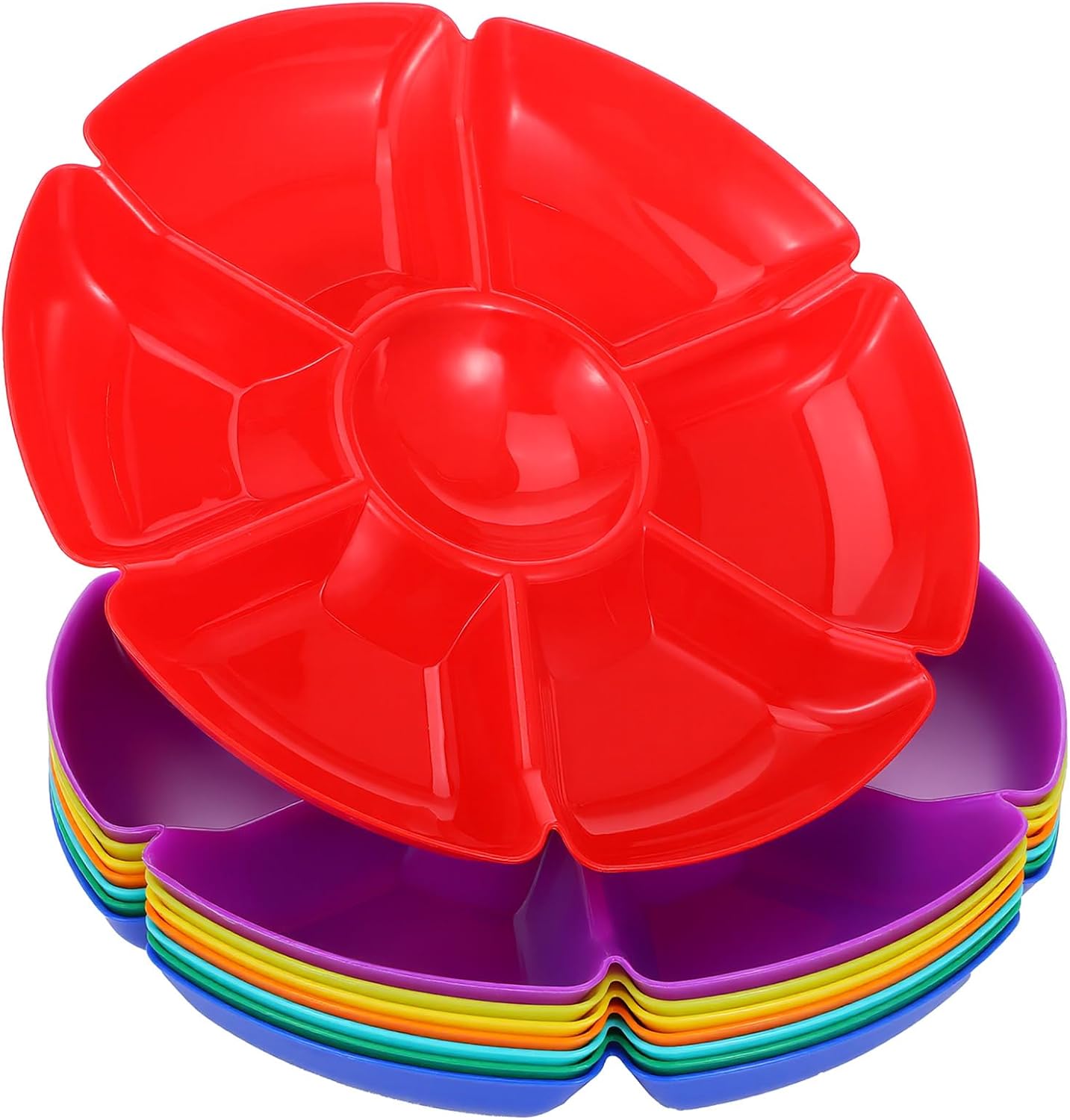8-Pack Plastic Divided Serving Trays with 100 Forks, 7-Compartment Round Chip & Dip Plates, 10.4" Snack Platters for Party, Candy, Nuts, Fruits (8 Vibrant Colors)