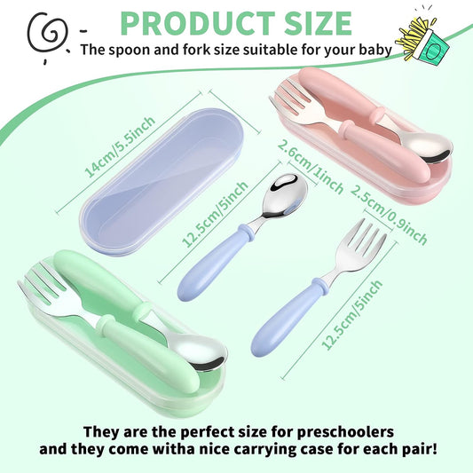 Patelai 9 Pcs Toddler Utensils with Case Stainless Steel Fork and Spoon Set Safe Baby Silverware Children Flatware Kids Cutlery with Round Handle for Lunchbox, Dishwasher Safe(Blue, Green, Pink)