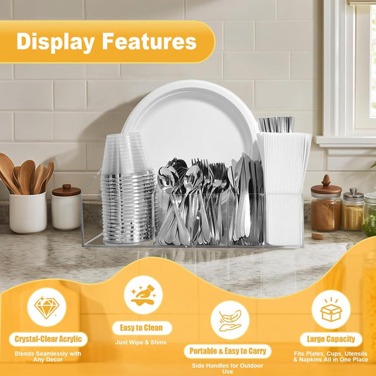 Acrylic Paper Plate Organizer and Dispenser – Extra Capacity Plate and Utensil Caddy for Plates, Cups, Napkins and Cutlery, Ideal for Kitchen, Parties, Picnics, Weddings, and Outdoor Events