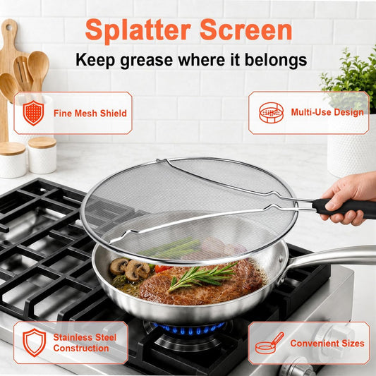 Splatter Screen for Frying Pan 3-Piece Set - Stainless Steel Grease Splatter Guard (13", 11.4", 9.8") - Oil Splash Guard & Fine Mesh Cover for Cooking Bacon