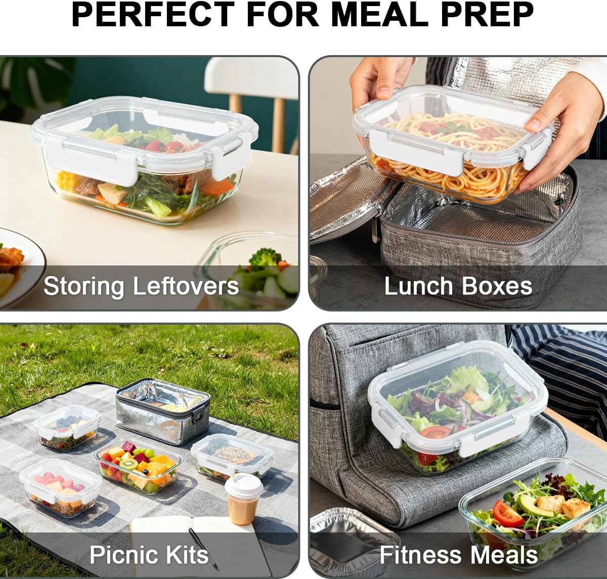 KAMOTA Glass Food Storage Containers, 10 Pack Glass Meal Prep Containers, Airtight Containers with Snap-Lock Lids, 22 oz Grey Container Set with Lids, for Microwave/Oven/Freezer/Dishwasher