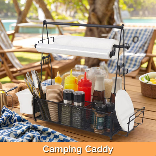 Grill Caddy, BBQ Caddy with Paper Towel Holder and 2 Hooks, Grill Utensil Organizer for Camping Outdoor Barbecue Accessories Organizer, Grilling Gifts for Men