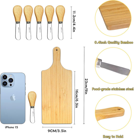 Mini Charcuterie Boards, 3.5 * 9IN Cutting Boards, Wood Cheese Board with Knives, Thicken Bamboo Chopping Board Serving Trays, Small Charcuterie Boards for Guests Wedding Party Baby Shower, Set of 6