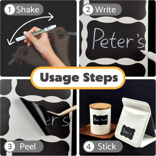 JIEHENG 180Pcs Chalkboard Labels for Jars,Removable Stickers with 1 Liquid Chalk Markers(Black, Wavy)