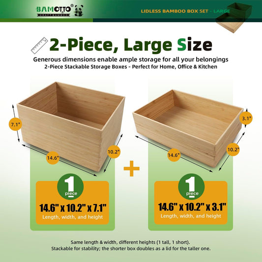 BAMOTTO CRAFTBAMBOO 2-Piece Large Bamboo Storage Box Set - 7.1in High Stackable Deep-Drawer Organizer, Lidless Bin for Kitchen Cutlery Utensils, Home & Office (14.6"x10.2"x7.1"+14.6"x10.2"x3.1")