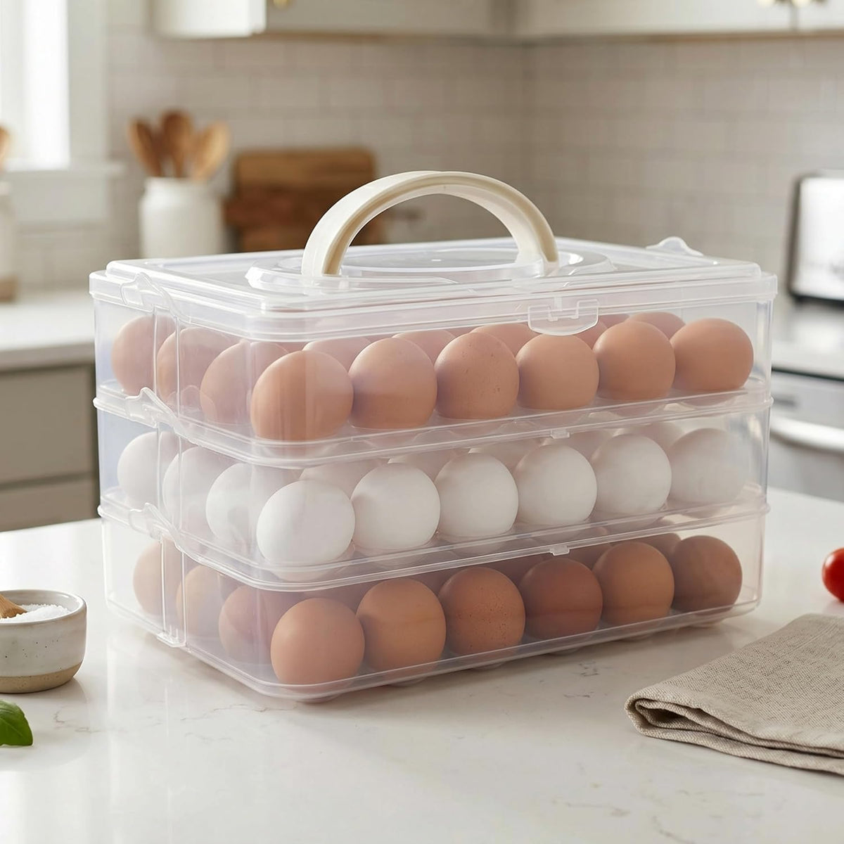 Egg Container for Refrigerator - Large-Capacity Egg Holder with Lid and Handle - Carrier for 72 Fresh, Store Bought or Deviled Eggs by Classic Cuisine