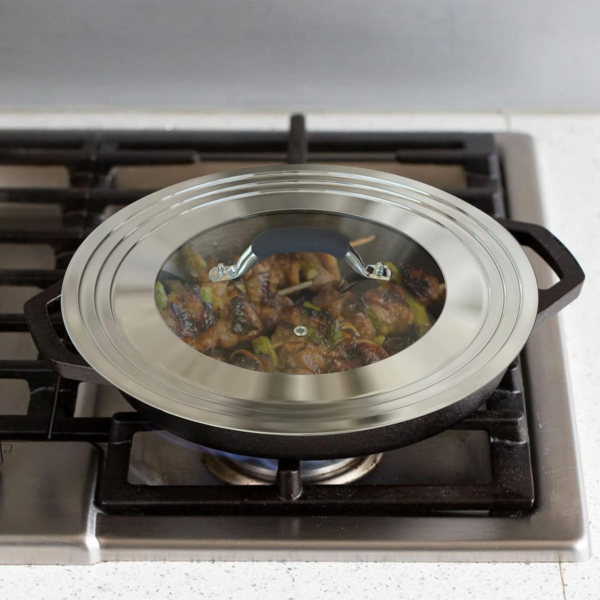 15 Inch Large Universal Pans Pots Lid Cover Fits 11/12/13/14/15" Frying Pans/Pots/Woks, Stainless Steel and Tempered Glass Lid with Vent Hole and Heat Resistant Handle