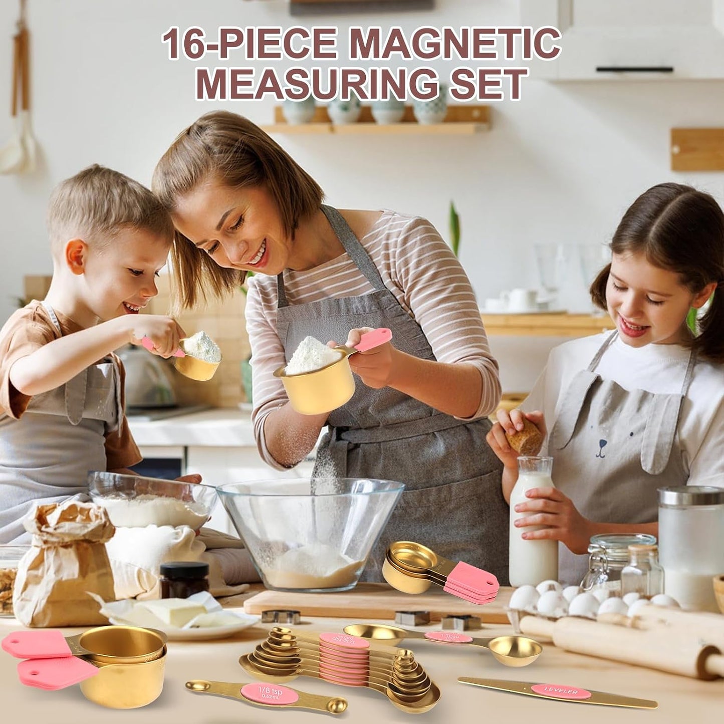 16-Piece Stainless Steel Measuring Cups and Spoons Set, Strong Magnetic Nesting Design 7 Cups 8 Spoons with Leveler, Double Measurement Markings for Dry & Liquid Ingredients, Gold