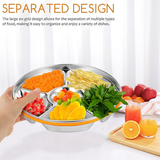 Toyvian Stainless Steel Divided Serving Tray with Lid 6-Compartment Veggie Tray Fruit Platter Snack Containers for Family Gatherings Picnics 10.23X10.23X2.16In