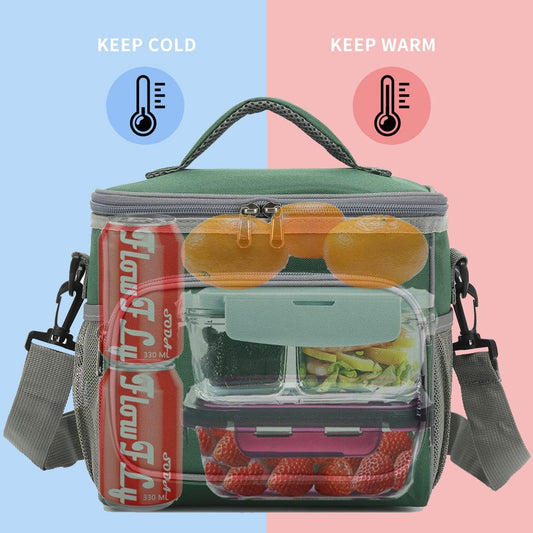 FlowFly Insulated Reusable Lunch Bag Adult Large Lunch Box for Women and Men with Adjustable Shoulder Strap,Front Zipper Pocket and Dual Large Mesh Side Pockets,Cherry - Colors B