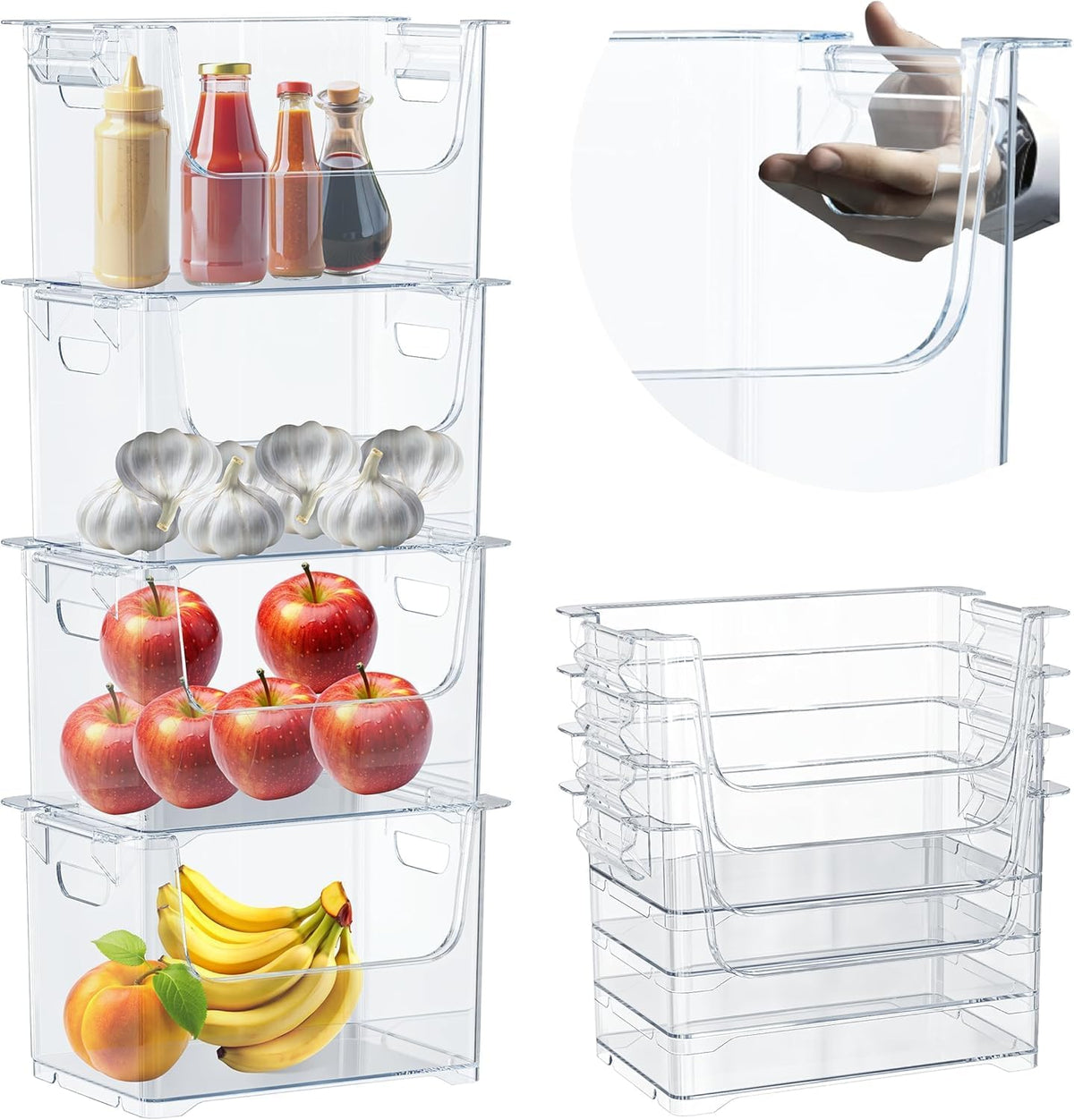Stackable Storage Bins Open Front with Side Handles, 4 Pack - Clear | Sturdy Plastic, Easy Stacking Bins for Pantry, Closet, Kids Room & Art Studio Organization